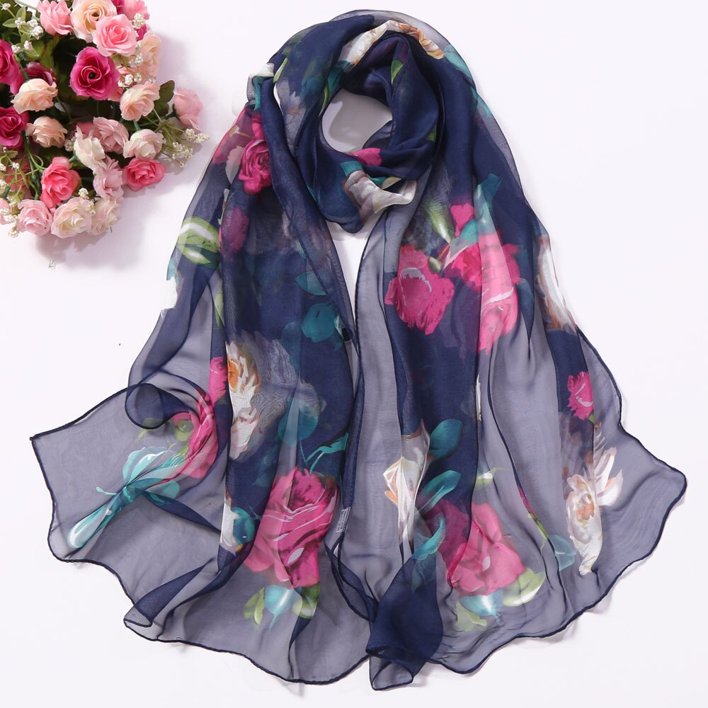 Foulard en mousseline de soie Georgette pour femmes, fleur de Rose, Foulard pour femmes, châle, Bandana , Protection solaire pour la plage: Navy blue