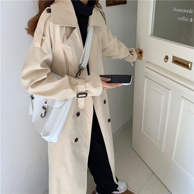 Trench kvinners høst solid dobbeltspent lang stil belte koreansk versjon løs leisre daglig streetwear kvinnelig klassisk kåpe