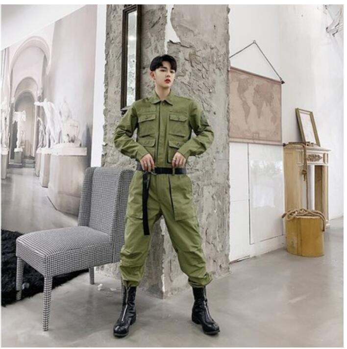 Spring Autumn streetwear Jumpsuit Men Rompers One Piece Overalls Mens Casual Multi Pockets Pants Male Clothes: M / green