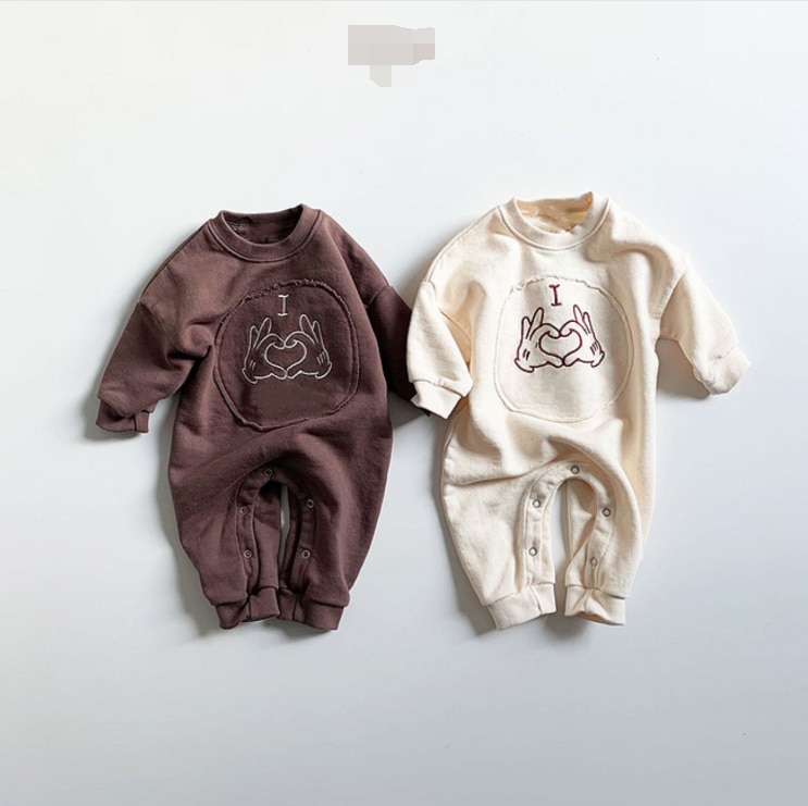 Automne nourrissons mignon coeur broderie à manches longues barboteuses bébé garçons filles combinaisons