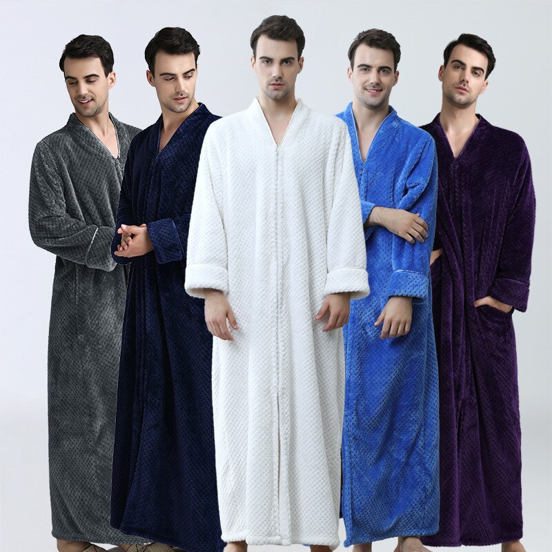 Menn glidelås sovekåpe ren farge dobbel dekk fortykket behagelig varm strikket langermet løs flanell myk pyjamas badekåpe