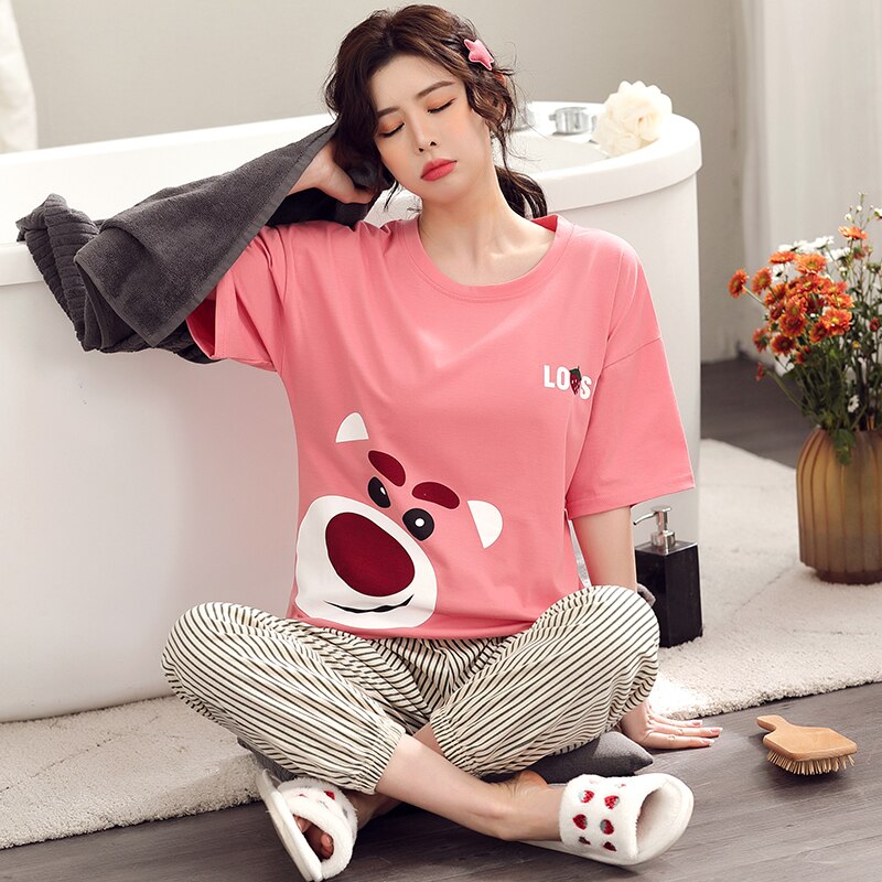 BZEL Pink Clothes For Women Cartoon The Bear Print Short Sleeve Long Pants 2Pcs Home Cotton Clothes Night Home Set Necking