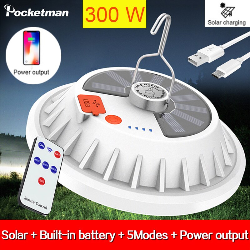 300W LED Solar Bulb Lamp Remote Control Solar Charge Lantern Portable Emergency Lights Outdoor Camping Night Market Lighting
