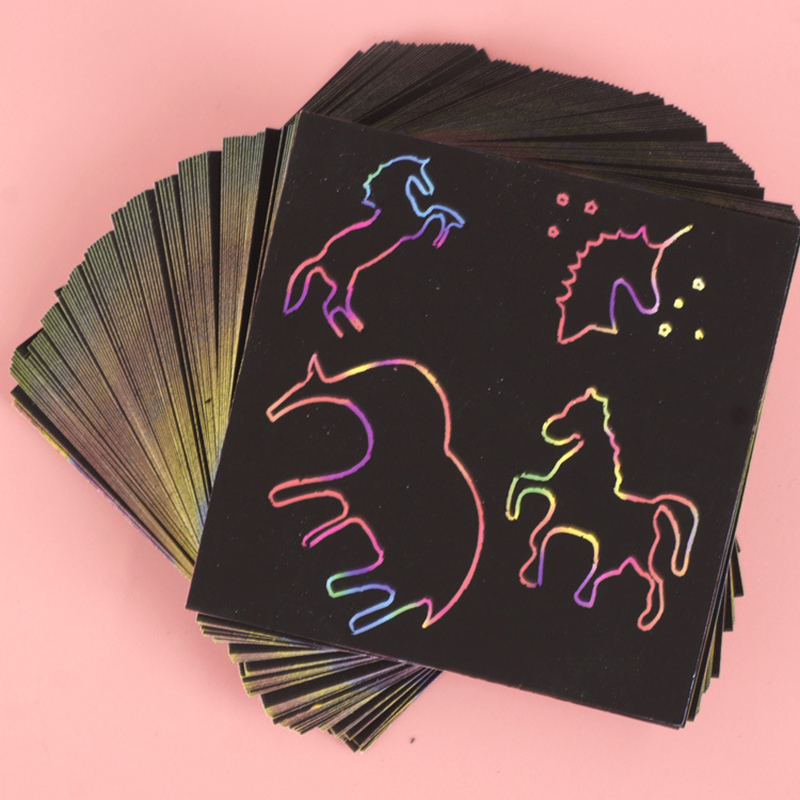 104 pcs mini rainbow scratch paper art craft kits kids diy drawing toy with graffiti stencil stylus scraping painting card