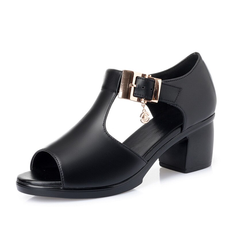 Summer style fish mouth casual ladies solid color thick heel buckle sandals sandalias mujer: Black / 7.5