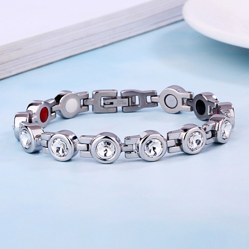 Rhinestone Woman Magnetic Power Bracelet Health Energy Gold Jewelry Lady Stainless Steel Bracelets Bangles