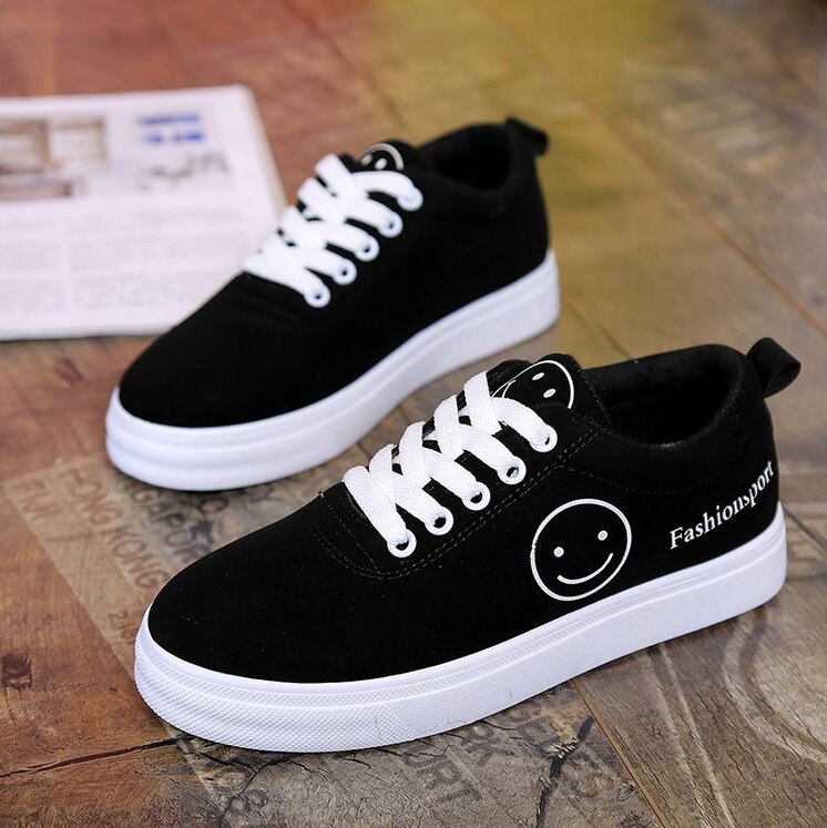 Vrouwen Canvas Schoenen Zomer/Herfst Flats Vrouwen Schoenen Classic Lace Up Smiley Gezicht Wandelen Vrouwen Sneakers: Black / 36