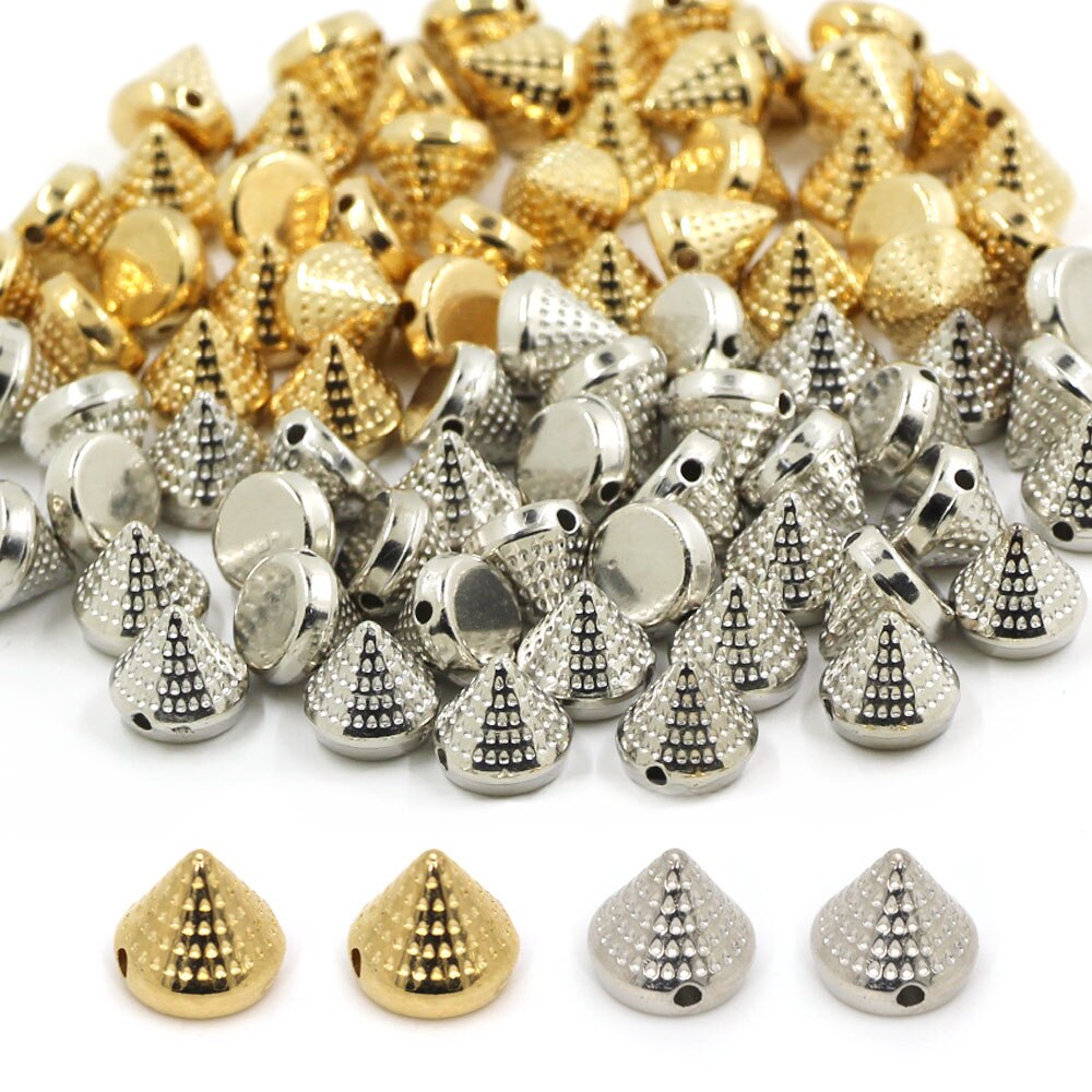 100Stck 10MM Kunststoff Kegel Spikes Silber Gold Nieten CCB Kegel Mit Punkt NäHenne Bolzen Auf Kleidung Punk Zubehör DIY Perlen Handwerk