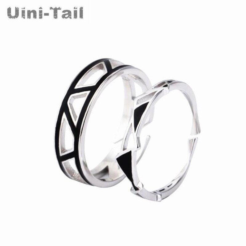 Uini-tail-anillo abierto prismático para parejas, de Plata de Ley 925 a la , joyería de esquina hueca negra simple