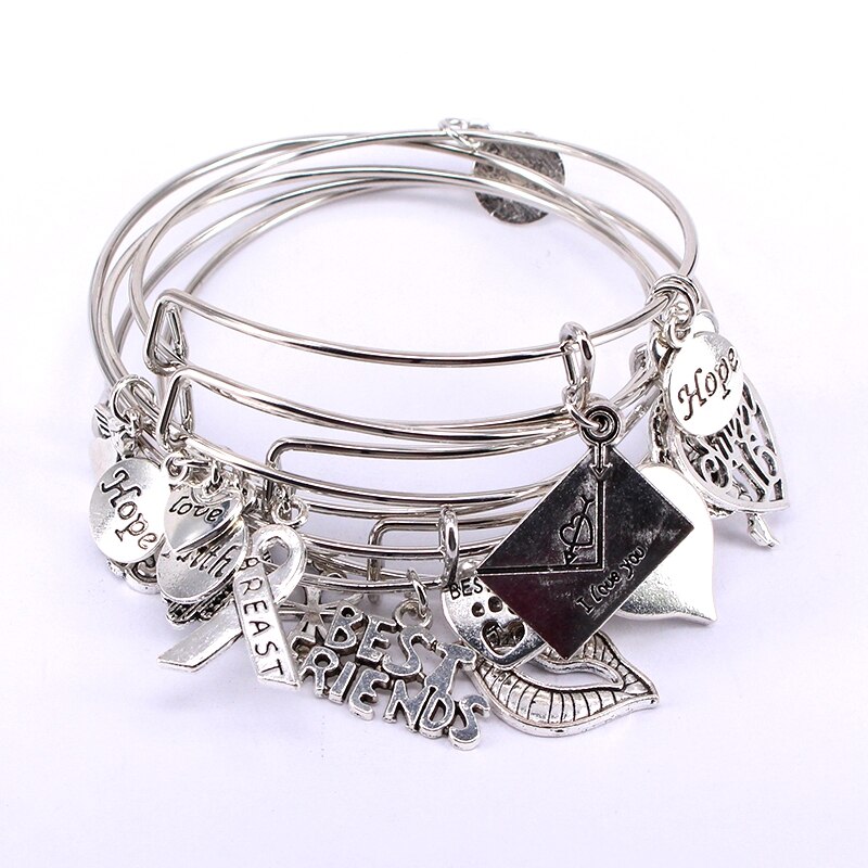 5 pçs conjunto de pulseiras de arame para mulheres meninas jewllery lábios misturados melhores amigos câncer de mama amor coração charme pulseiras c041