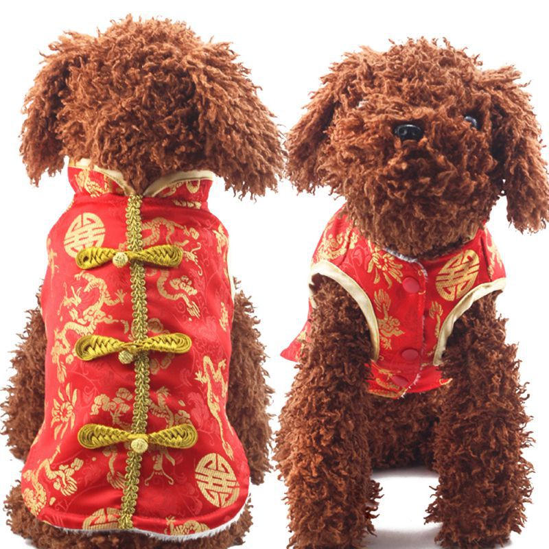 Honden Chinese Jaar Dragon Patroon Rode Winter Kleding Voor Zijde Honden Jas Franse Bulldog Kleding Voor Huisdieren honden