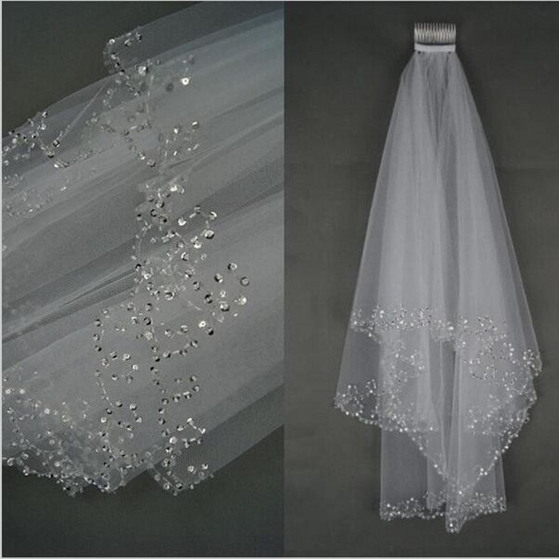 Blanc ivoire court 2 couches voile de mariage avec peigne mariée cristal voiles de mariée