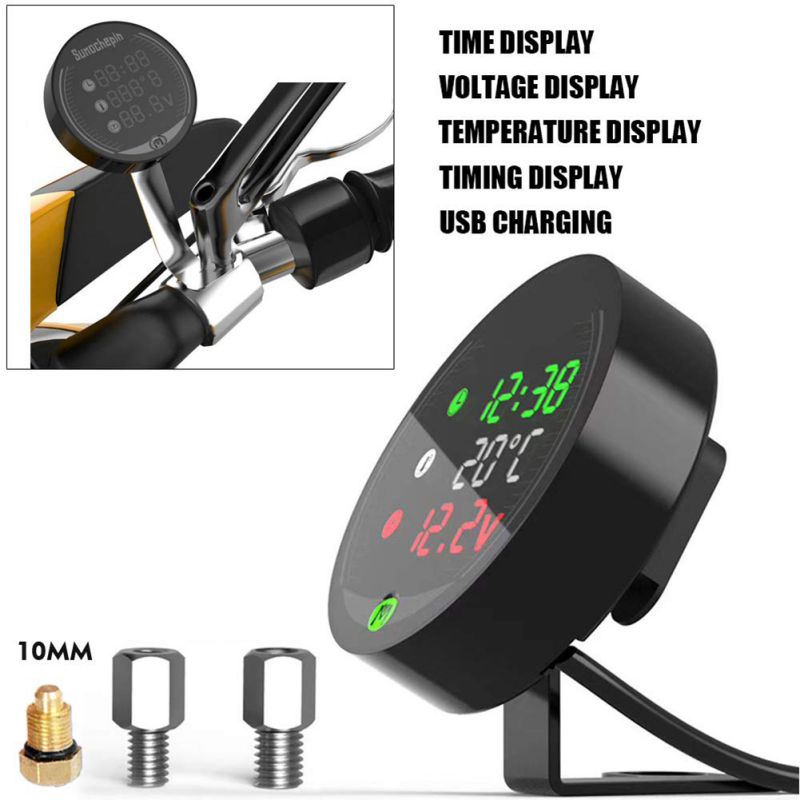 Motorcycle Modified Water Temperature Meter Time Voltmeter 12V Chronometer USB Phone Charging 5-in-1 Waterproof Digital Display