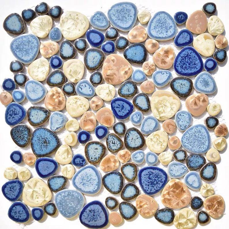 Glazed Light Dark Blue Beige Yellow Pebble Ceramic Mosaic PPMTAJ11 Porcelain Wall Tile Backsplash Bathroom Kitchen