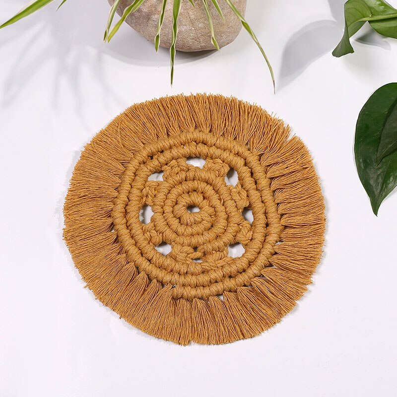 Round Woven Coasters Handmade Macrame Heat-Resistan Cup Mat Tassel Table Decoration for Home TH: C