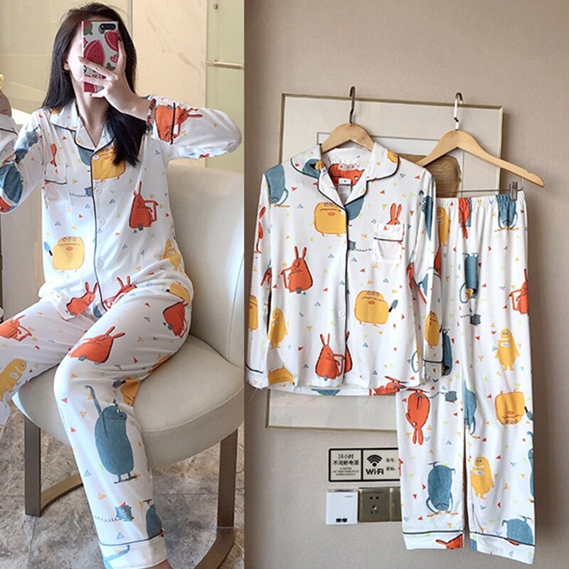 Le donne Del Fumetto di Frutta Stampa Pigiama impostato di Autunno del Lungo-manicotto T-camicia + Pantaloni Della Ragazza di Modo Degli Indumenti Da Letto Degli Indumenti Da Notte Abiti: B / XL