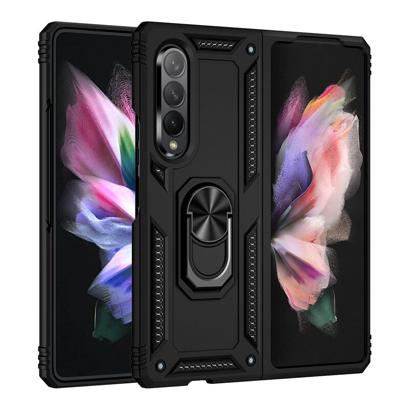 Per Samsung Galaxy Z Fold 3 custodia armatura antiurto supporto per anello magnetico supporto per staffa Cover posteriore per Galaxy Z Fold 3 5G custodie: Black