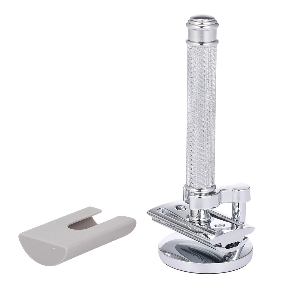 Double-edged Shaving Razor Set Safety Beard Razor with Shaving Razor Base Protective Cover Mustache Removal Shaving Tool: Silver