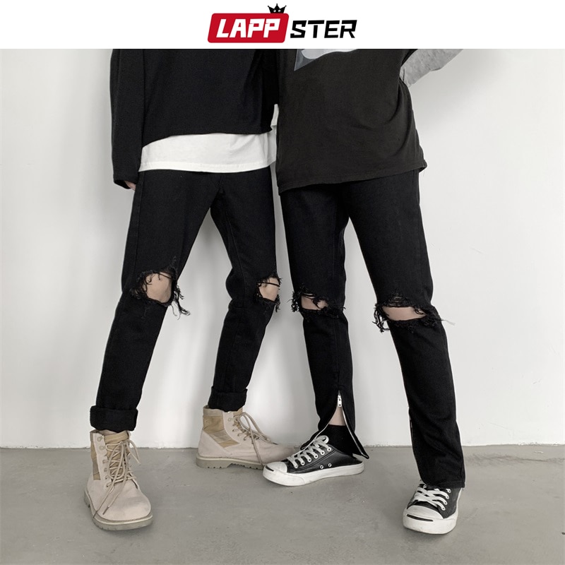 LAPPSTER Men Hip Hop Black Ripped Jeans Male Korean Streetwear Skinny Denim Pants Male Fashions High Waist Distressed Jeans