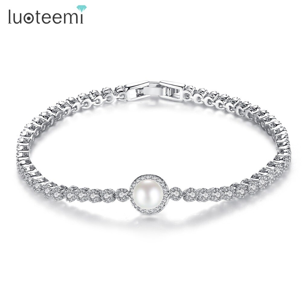 LUOTEEMI Edle Nachahmung Perle Luxus Zirkonia Tennis Armbinde Armbänder Für Frauen Braut Hochzeit Zubehör Schmuck