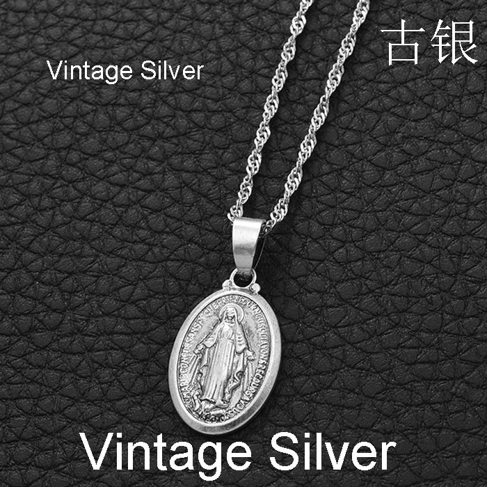 Anniyo Maagd Maria Hanger Ketting Voor Vrouwen, zilver Kleur/Goud Kleur Onze Dame Sieraden Colar Cross Trendy Chain #006210: Vintage Silver / With 45cm Thin Chain