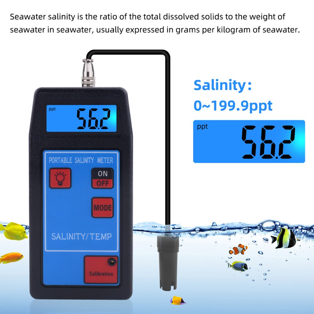 Salinity Meter Portable Digital Outdoor Aquaculture Temperature Tester Replaceable Probe Salt Content Lab LED Display Backlight