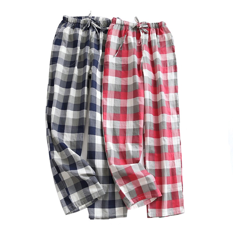 Spring & Fall Men And Women Lovers' Sleep Bottom Couples Gauze Cotton Plaid Loose Sleep Pants Elastic Waist Homewear Pants