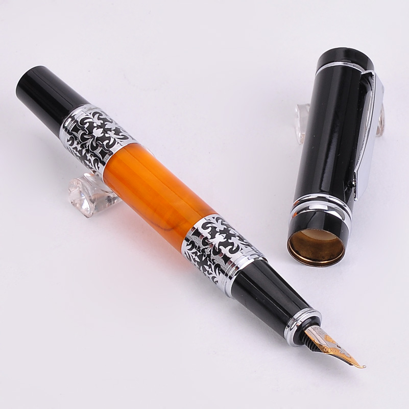 BOOKWORM 675 Black-Orange Silver Flower Amber Celluloid Bent Nib Art Fountain Pen School Supplies Calligraphy Pen