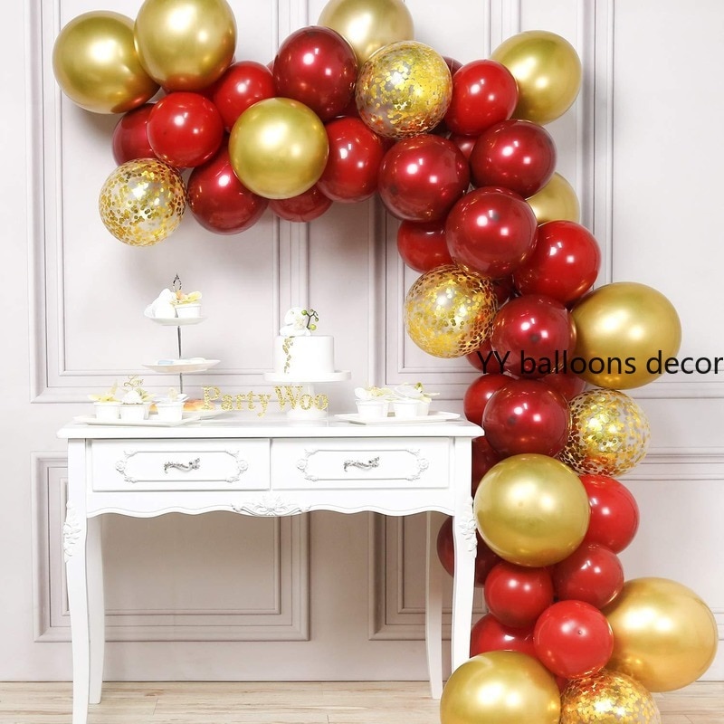 50 stuks Bruiloft Ballon Slinger Boog Rood Goud Ballon Ruby Red Ballon Goud Confetti Metalen Baby Shower Party Ballonnen Decoratie