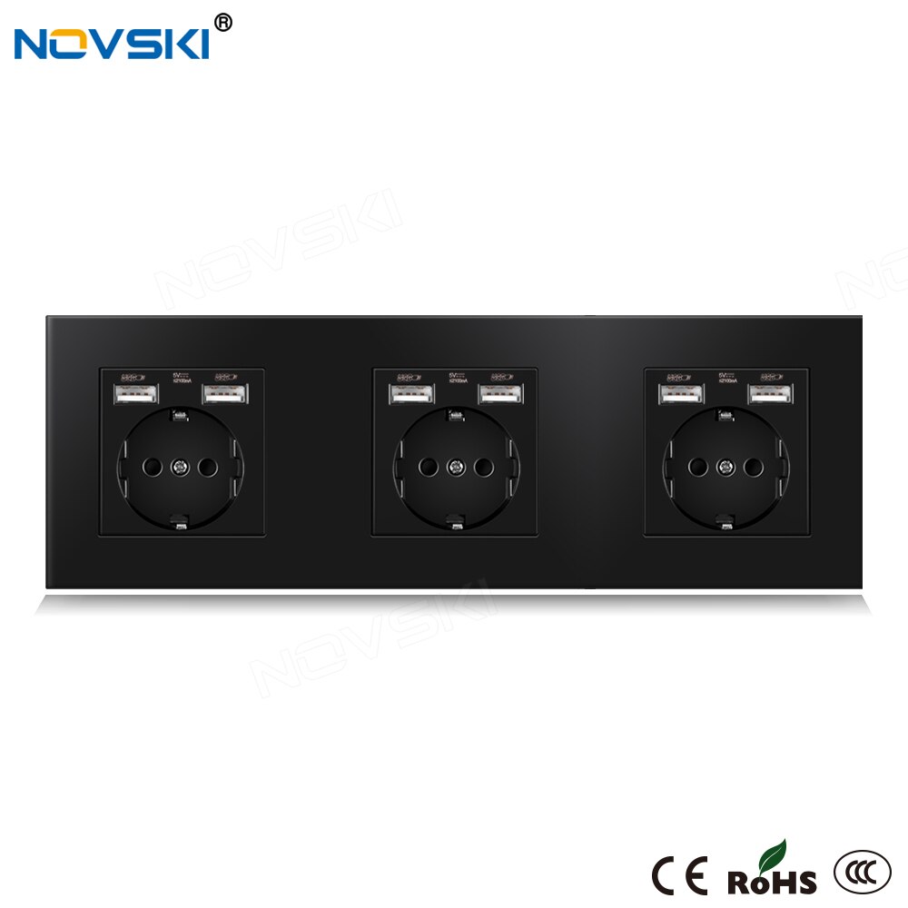 NOVSKI 16A EU Standard Wall Socket Triple Frame Crystal Glass Black Panel 86*258 mm, Hidden LED for USB Charger: PC Panel 6 USB