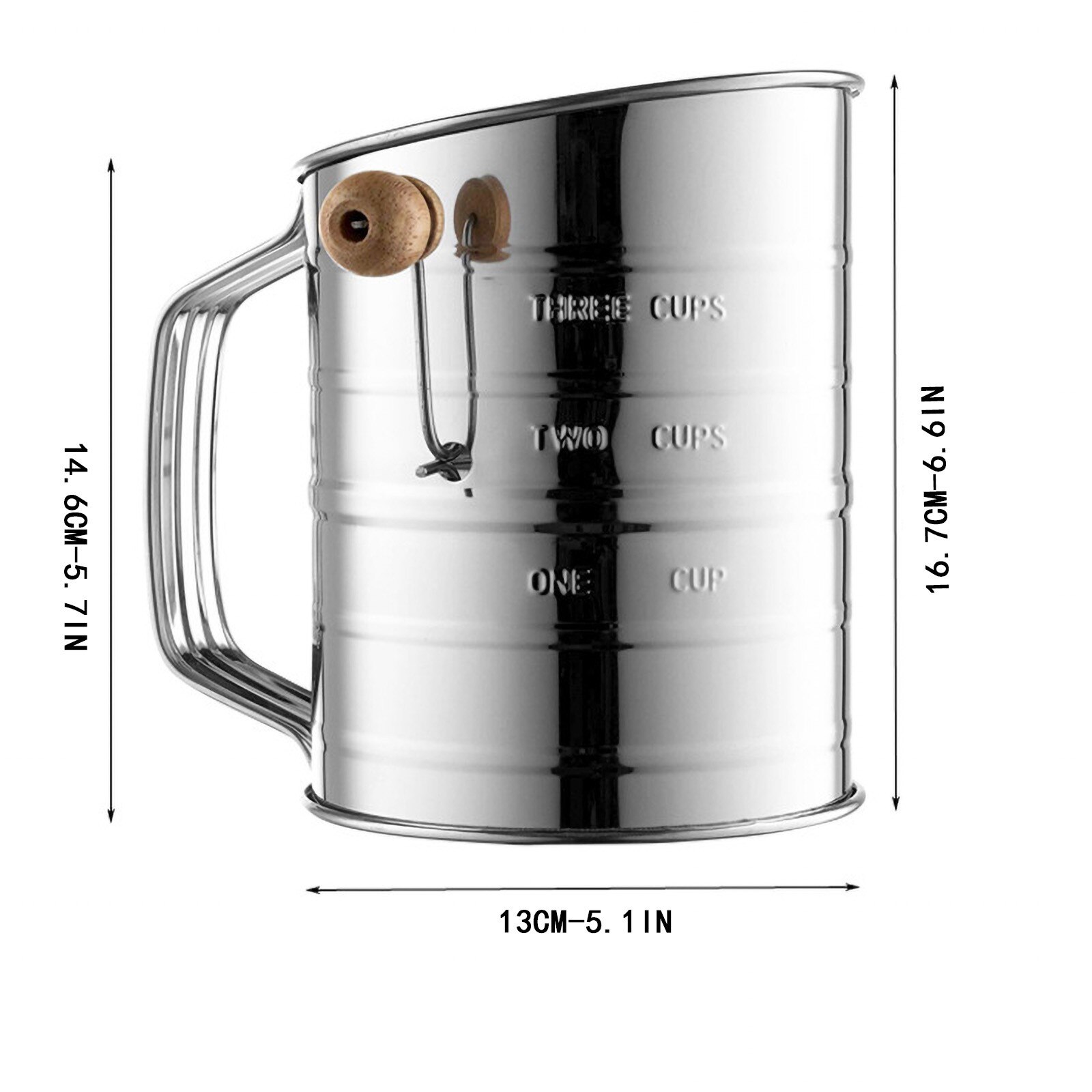Tamiz de harina de manivela de mano rotativa de acero inoxidable de 3 tazas con 2 cables, agitador, mango de madera, accesorios de cocina, herramientas: C