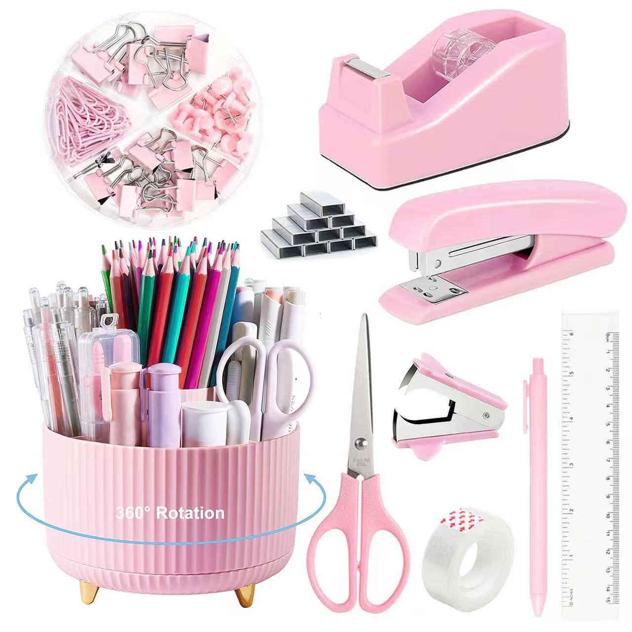 1 Set Desktop Office Stationery Set Stapler Tape Holder Scissors Nail Remover Stationery: Red