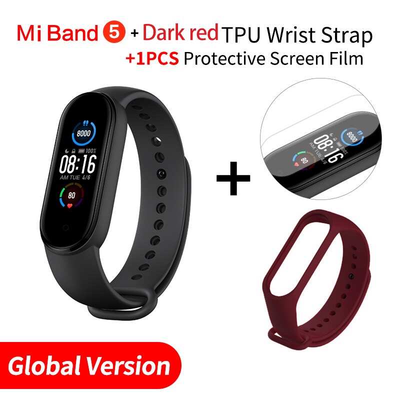 Global Version Xiaomi Mi Band 5 Smart Bracelet AMOLED Dynamic Color Display Bluetooth Sport Fitness Tracker Fitness Smartband: Add Dark red Strap