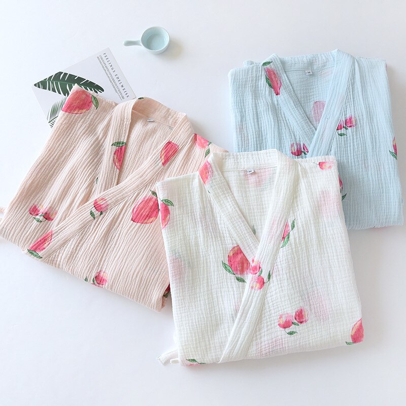 Spring Woven Crepe Nightgown Women&#39;s Thin Cotton Absorbent Shower Robe Japanese Cardigan Lace Bathrobe Long Kimono