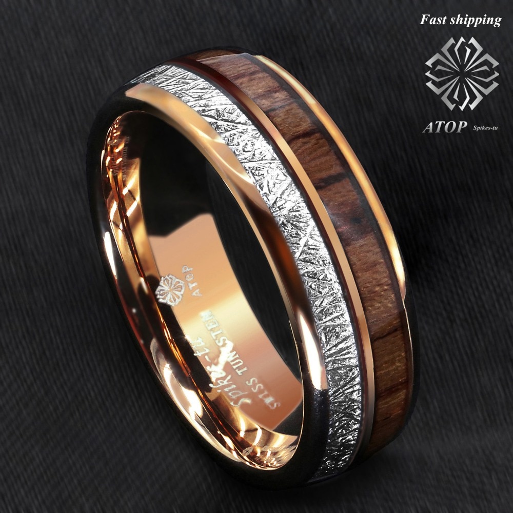 8mm Rose Gold Dome Tungsten Ring Zilver Koa Wood Inlay Bridal ATOP Mannen Sieraden
