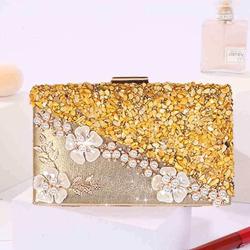 Women Evening Bag Ladies Flower Wedding Clutches Female Party Luxury Clutch Purse With Rhinestone Chain Crossbody Bags: gold