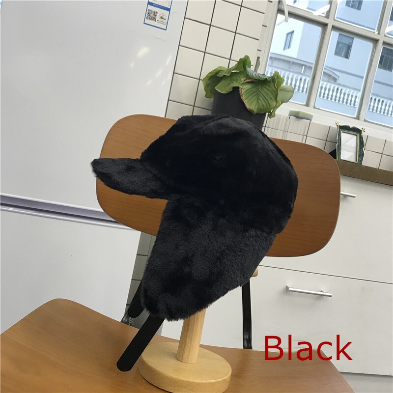 Gorros de lana con capucha para mujer, gorro de lana estilo aviador, cálido, para esquiar, Otoño e Invierno: Black