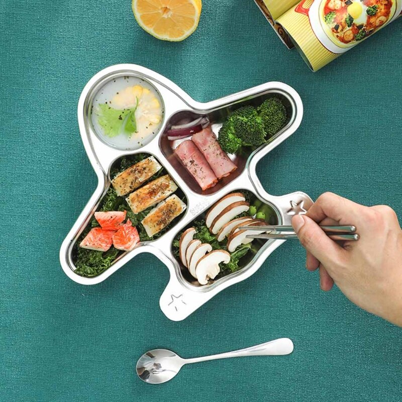 Stainless Steel Divided Plate Cute Cartoon Dinner Tray Lunch Container Kids Toddlers Babies Serving Platter for School Canteen
