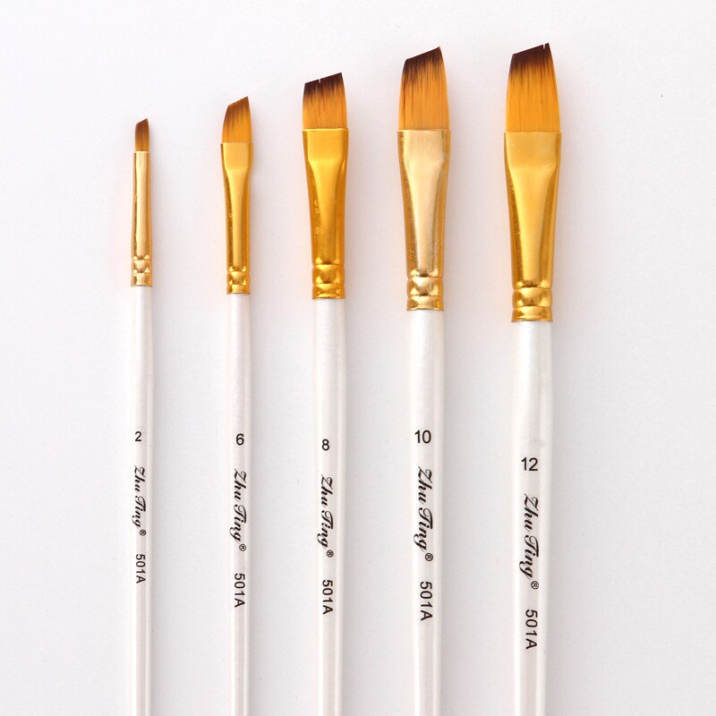 Pincel de nailon para pintura acrílica Gouache, suministros de arte, punta plana, tubo dorado, blanco, 5 unids/paquete