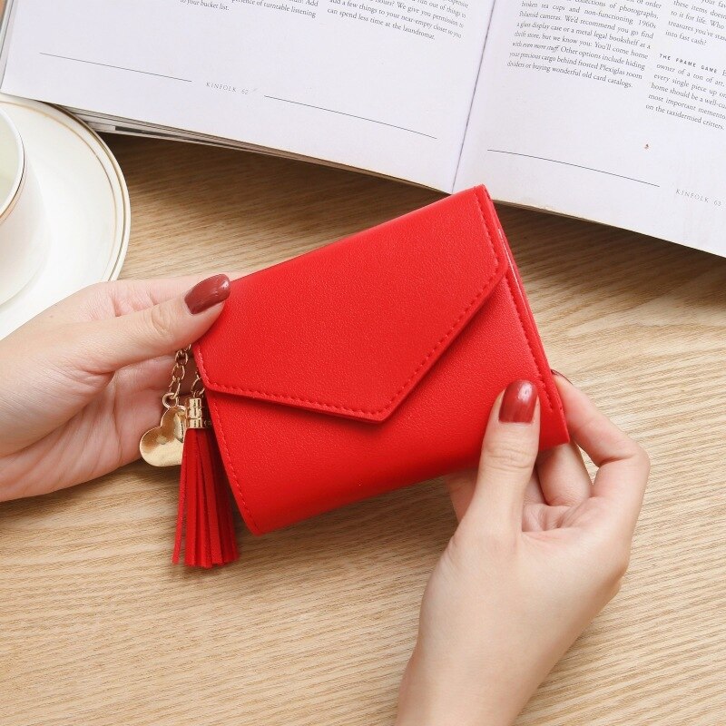 Cartera a la para mujer, bonita Cartera de piel sintética con colgante de borla para estudiante, monedero para mujer, tarjetero para mujer: red