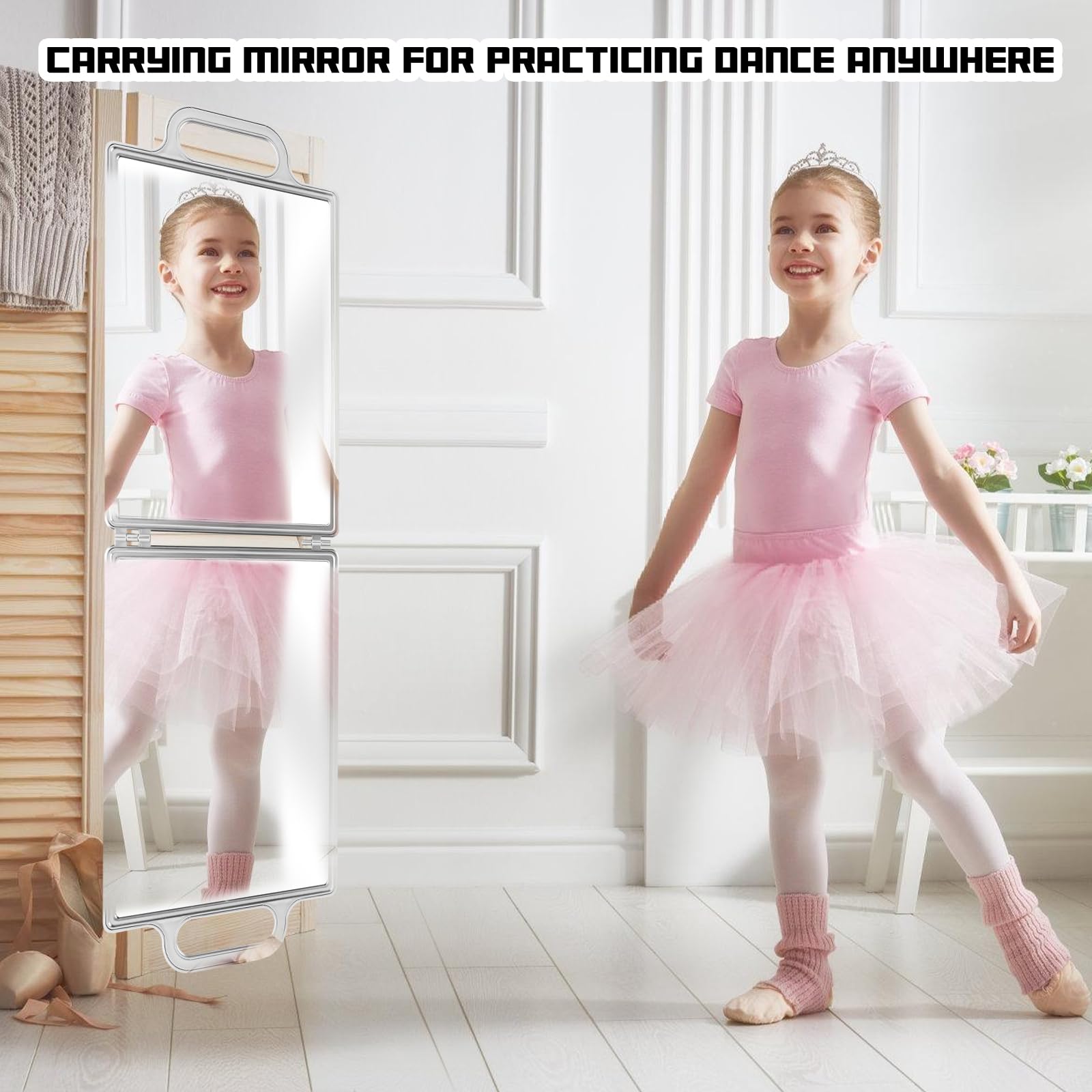 Opvouwbare dansspiegel, 1 inch met handvat en draagtas, draagbare opvouwbare spiegel voor thuisfitnessstudio, dansoefening, spa, schoonheid