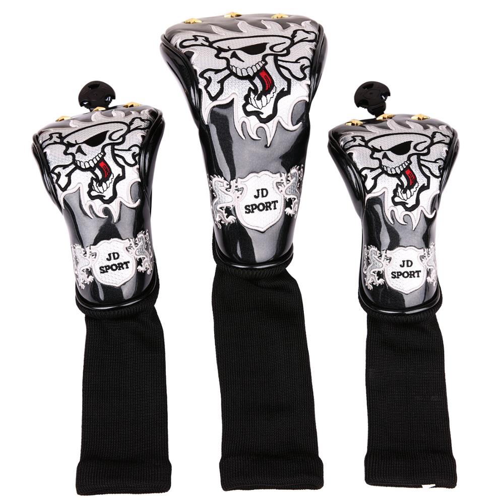 3 stuks golfclub driver fairway houten headcover pu leer met schedelpatroon headcover zonder label 3 5 7 x: Zwart