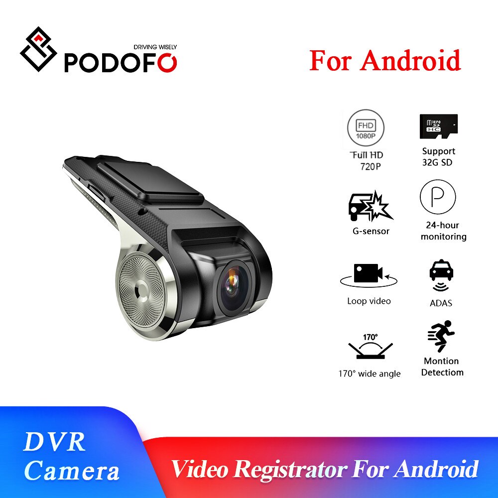 Podofo Android Multimedia Speler Met Adas Auto Dvr Camera Fhd 720P Auto Digitale Video Rijden Recorder Dashcam Camera