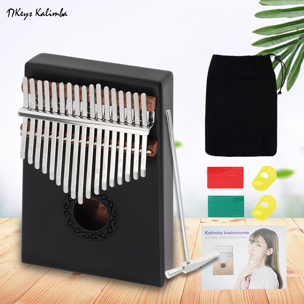 17 Key Kalimba Single Board Mahogany Thumb Piano Mbira Mini Keyboard Finger Piano Musical Instrument with Complete Accessories: Black