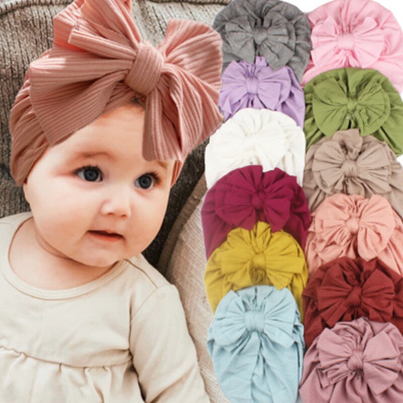 Chapeau Turban doux avec gros nœud pour bébé fille, Bonnet de couleur unie pour -né et enfant en bas âge, printemps
