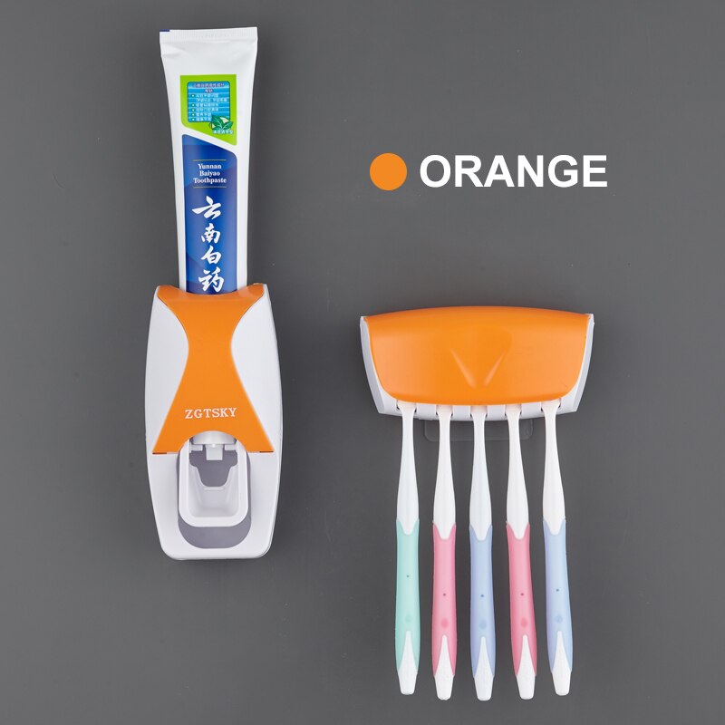 Dispenser automatico di dentifricio, Set di portaspazzolino, aspirazione antipolvere e appiccicosa, spremiagrumi per bagno a parete: Orange 2-piece set