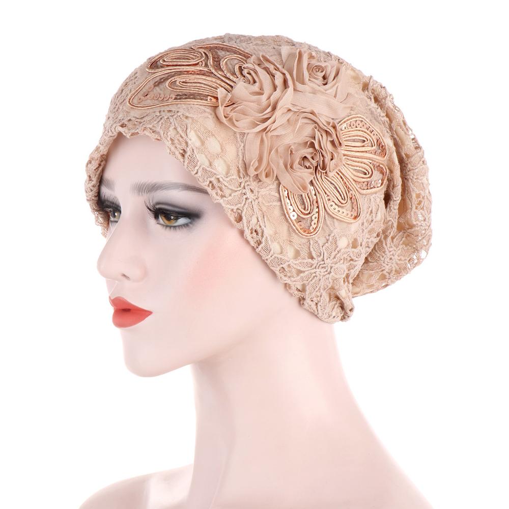 Women Flower Lace Bonnet Caps Muslim Underscarf Ladies Beanie Hat Hair Loss Chemo Cap Islamic Headwear Turbante Mujer: 4