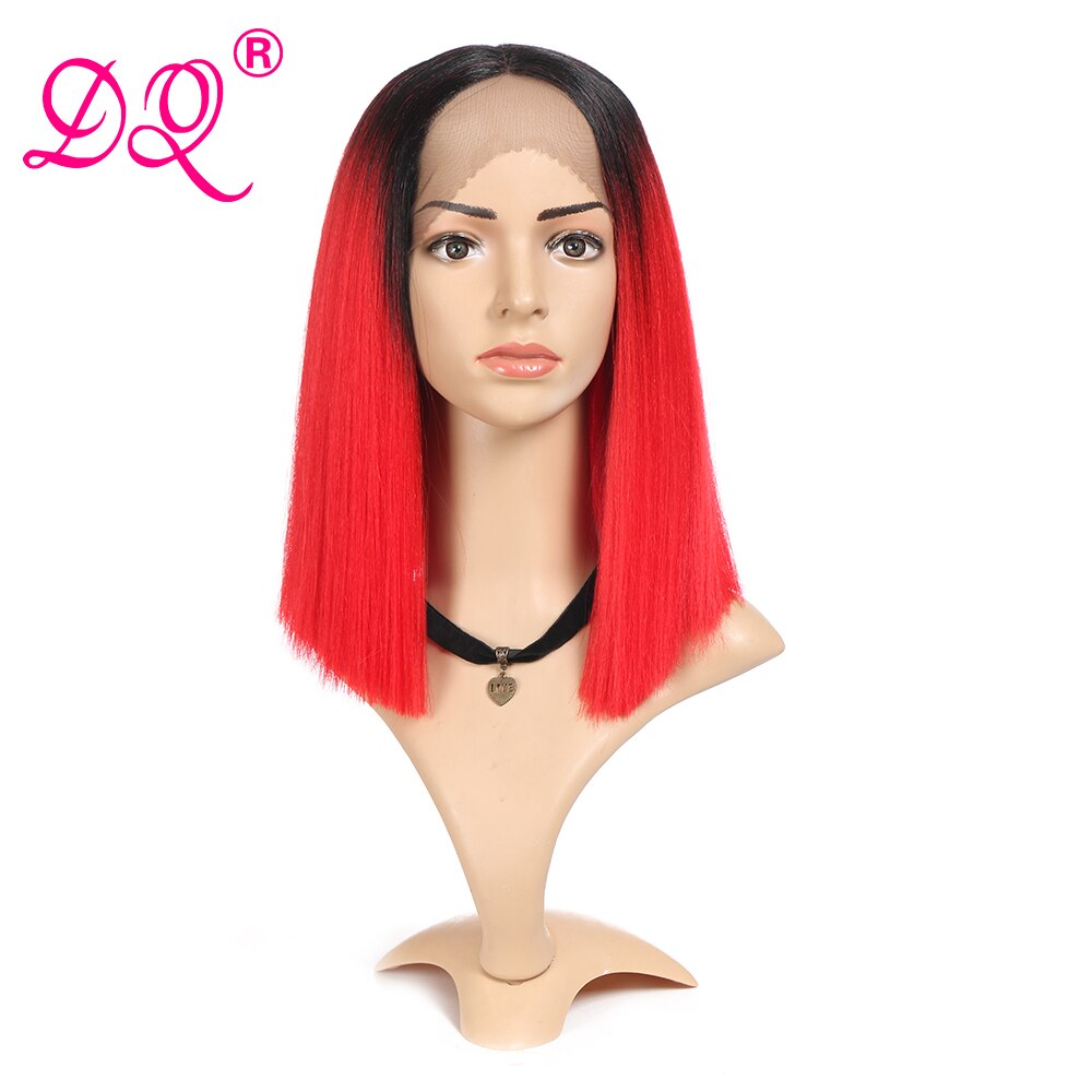 Dq Rechte Synthetische Lace Front Pruik Cosplay Pruik Korte Bob Pruik Ombre Zwart Rode Pruik Voor Vrouwen Midden Deel Warmte slip Fiber: Default Title