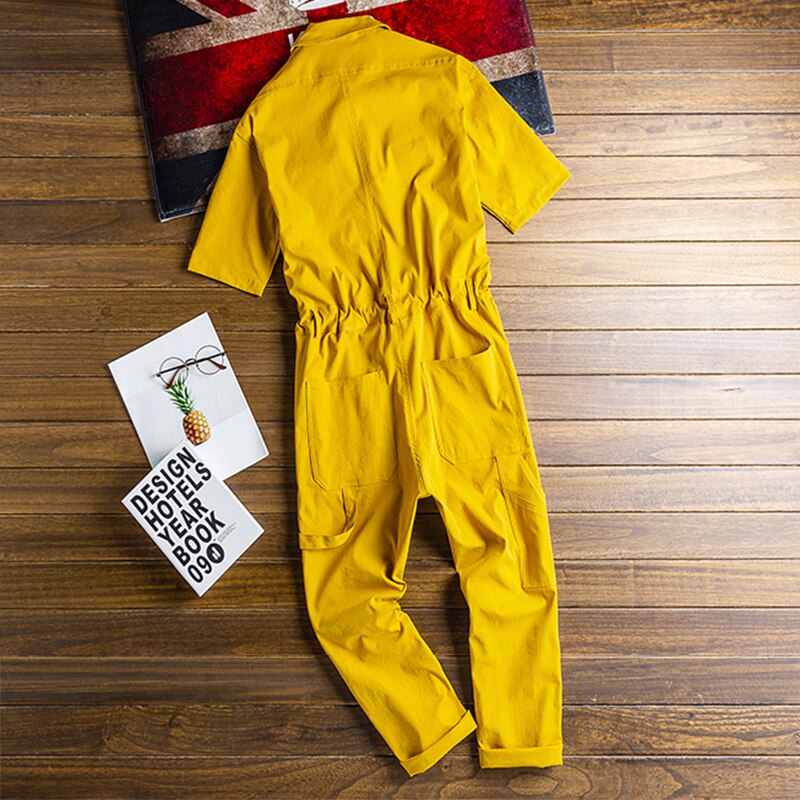 Sokotoo Men's short sleeve ankle length jumpsuits Casual loose pockets overalls Coveralls Black Yellow