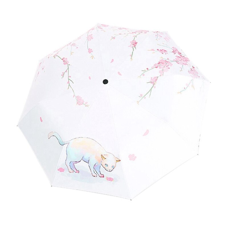 Sun Umbrella Rain Three Folding Umbrella Lovely Cat Female Parasol Four Seasons Cat Illustration Umbrella: black